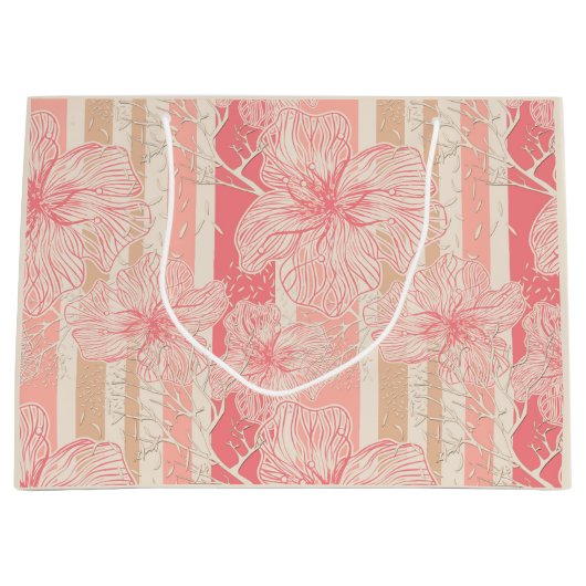 アプリコットピーチピンクフローラストライプの模様 ラージペーパーバッグ (正面)