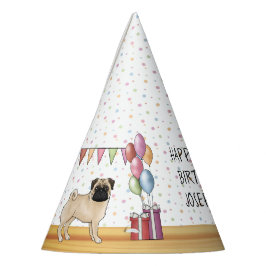 アプリコット色のパグの犬 カラフルなパステル色の誕生日おめでとう パーティーハット