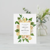 アプリコット英語バラフローラフレーム日付の保存 箔招待状ポストカード (立ち正面)