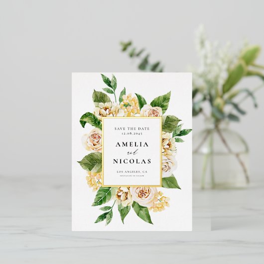 アプリコット英語バラフローラフレーム日付の保存 箔招待状ポストカード (立ち正面)