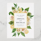 アプリコット英語バラフローラフレーム日付の保存 箔招待状ポストカード (正面)