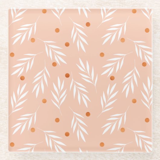 アプリコモダンットピンクフローラ葉パターン ガラスコースター (正面)