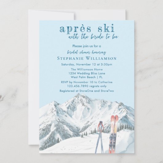 アプレーススキーウィンターマウンテンウォーターカラーブライダルシャワー 招待状 (正面)
