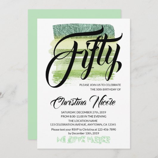 アベンチュリングリーングリッターブラシズ5誕生日 招待状 (正面/裏面)