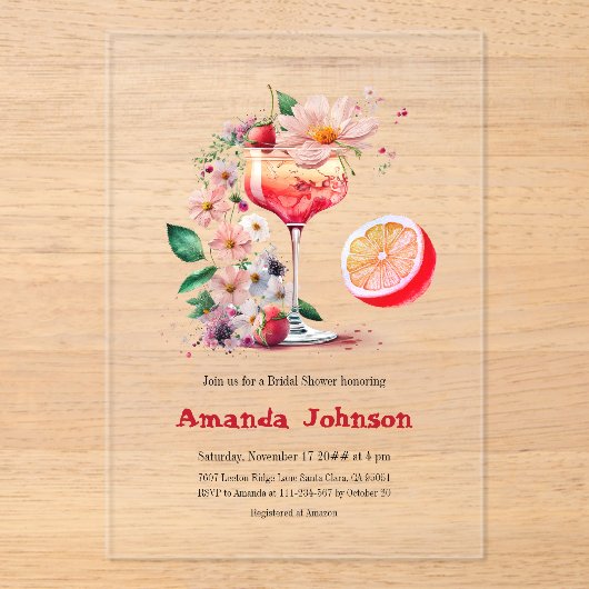 アペロルスピリッツカクテルシトラスオレンジブライダルシャワー アクリル招待状 (正面)