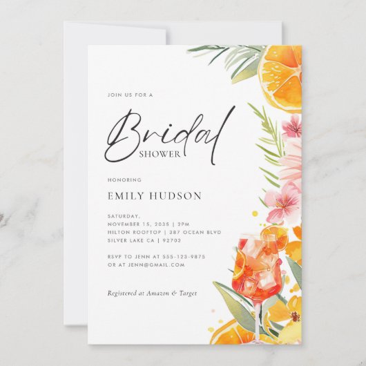 アペロールスプリッツの水彩画 ブライダルシャワー 招待状 (正面)