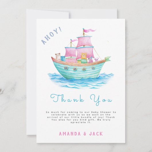 アホイそれはベビー船の動物の帆船の赤ちゃんシャワーだ サンキューカード (正面)