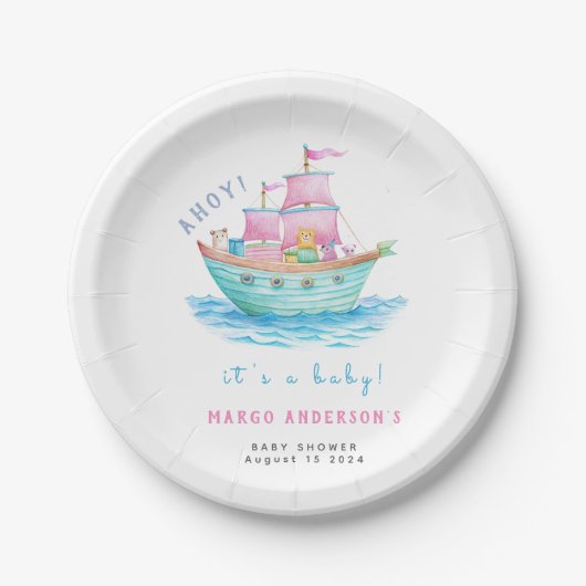 アホイそれはベビー船の動物の帆船の赤ちゃんシャワーだ ペーパープレート (正面)