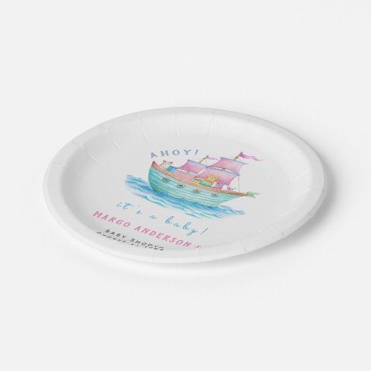 アホイそれはベビー船の動物の帆船の赤ちゃんシャワーだ ペーパープレート (アングル)