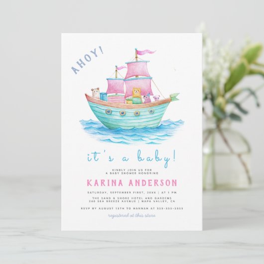 アホイそれはベビー船の動物の帆船の赤ちゃんシャワーだ 招待状 (スタンド正面)