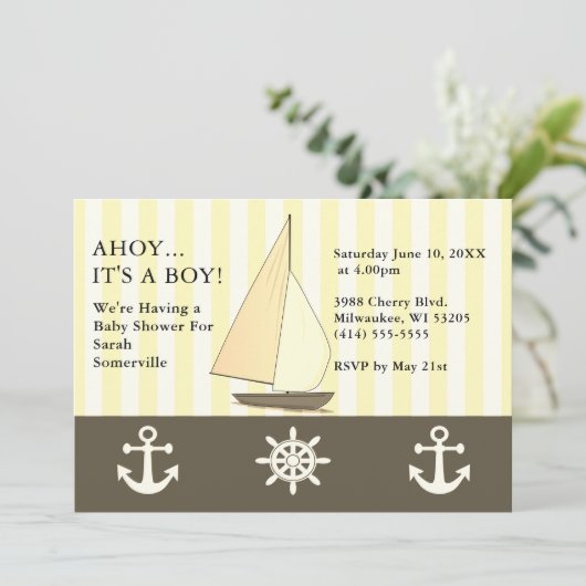 アホイそれは男の子の赤ちゃんシャワー帆走セピアスタイル 招待状 (スタンド正面)