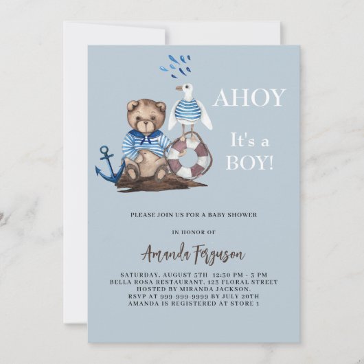アホイそれは男の子テディベアのセーラーベビーシャワー 招待状 (正面)