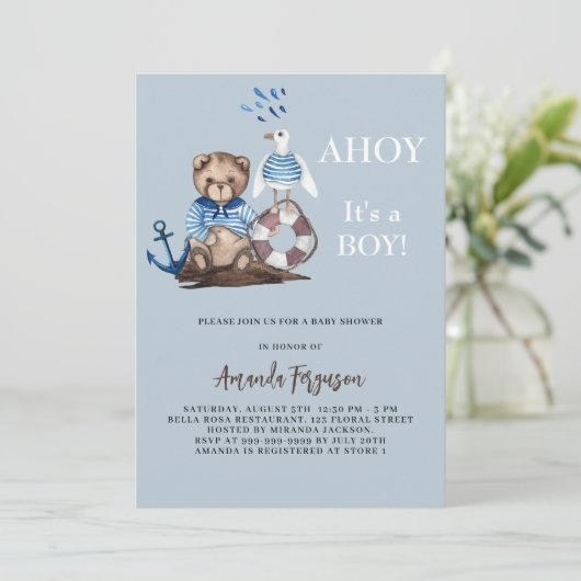 アホイそれは男の子テディベアのセーラーベビーシャワー 招待状 (スタンド正面)