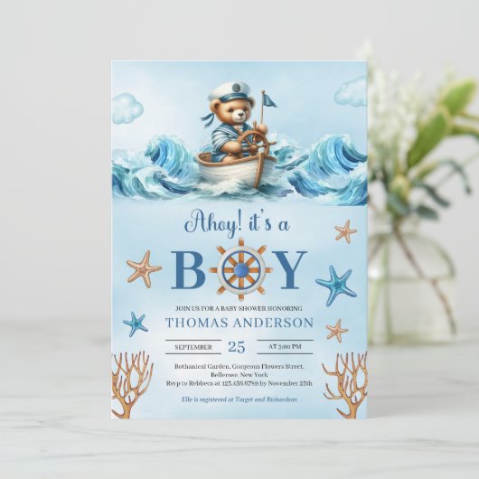 アホイの水彩青と茶色のテディベアのセーラー 招待状 (スタンド正面)