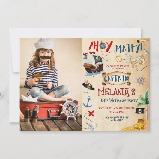 アホイキャプテントレジャーパイレーツ子供の誕生日パーティー 招待状 (正面)