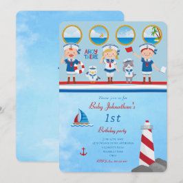 アホイザレッドブルー白い船乗りライトハウスボート 招待状