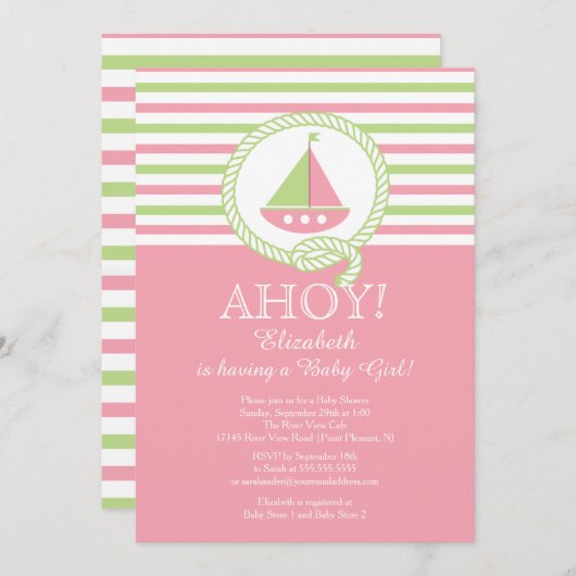 アホイセイボートガール航海のベビーシャワー招待状 招待状 (正面/裏面)