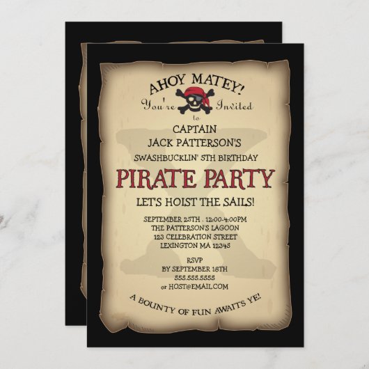 アホイトレジャーマップパイレーツバースデーパーティー招待 招待状 (正面/裏面)