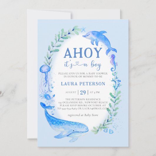 アホイホエールドルフィンシー航海のボーイ赤ちゃんシャワー 招待状 (正面)