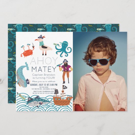 アホイマテイ海賊海獣写真誕生日 招待状 (正面/裏面)