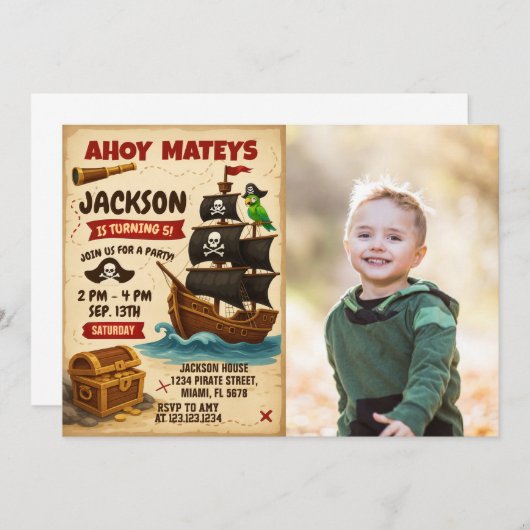アホイマテイ海賊誕生日パーティーへの招待 招待状 (正面/裏面)