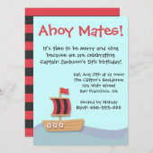 アホイメイツブラックレッドセイルシップ子供の誕生日パーティー 招待状 (正面/裏面)