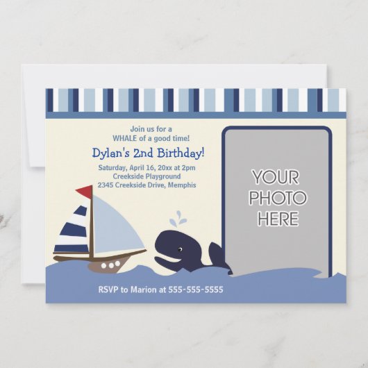 アホイメイトセーリングボートネイビークジラ誕生日写真 招待状 (正面)