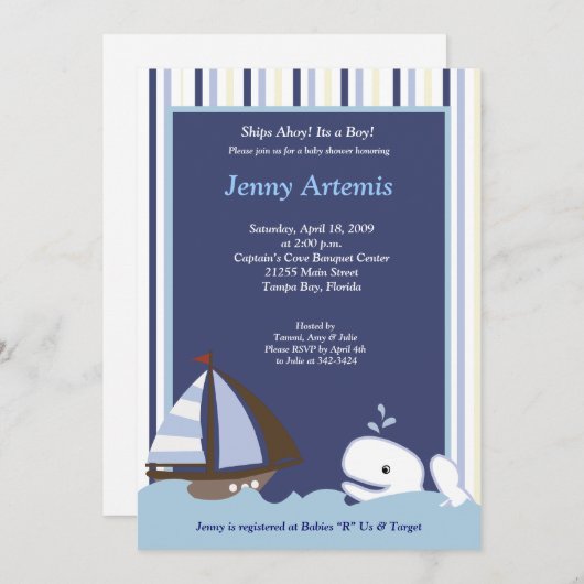 アホイメイトホエールセイボートボーイ航海のベビーシャワー 招待状 (正面/裏面)