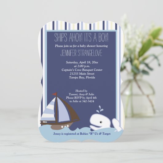 アホイメイトホエールセーリングボートベビーシャワーダイカット 招待状 (スタンド正面)