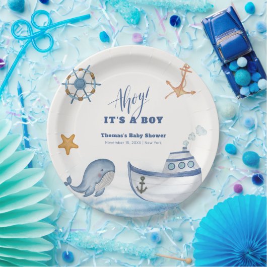 アホイモダンボーイ帆船ベイビーシャワー ペーパープレート (パーティー)