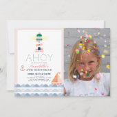 アホイライトハウス航海のピンクガールフォト誕生日 招待状 (正面)