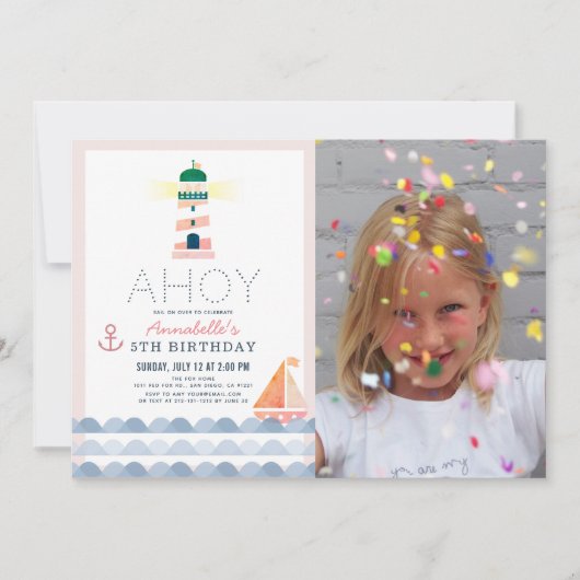 アホイライトハウス航海のピンクガールフォト誕生日 招待状 (正面)