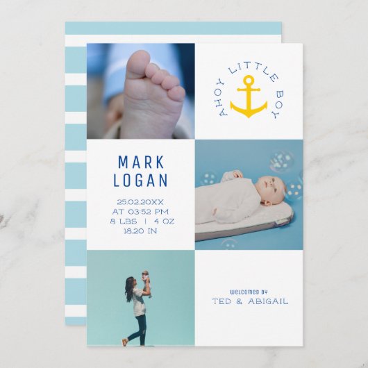 アホイリトルボーイフォトコラージュいかりブルー誕生 案内状 (正面/裏面)