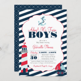 アホイレッ航海のドネイビーストライプツインボーイベビーシャワー 招待状