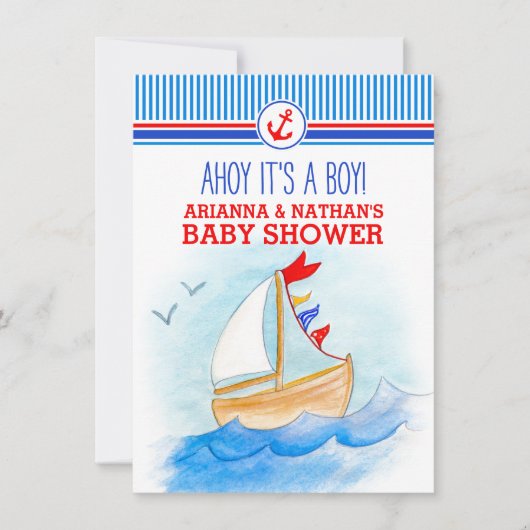 アホイ少年の赤ちゃんシャワー航海のボートの水色 招待状 (正面)