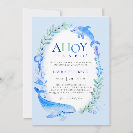アホイ海の動物の青航海のい少年の赤ちゃんシャワー 招待状 (正面)