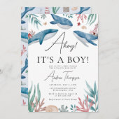 アホイ海の赤ちゃんシャワーの下のボーイ・クジラだ 招待状 (正面/裏面)