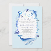 アホイ海動物航海のブルーボーイベビーシャワー 招待状 (正面)