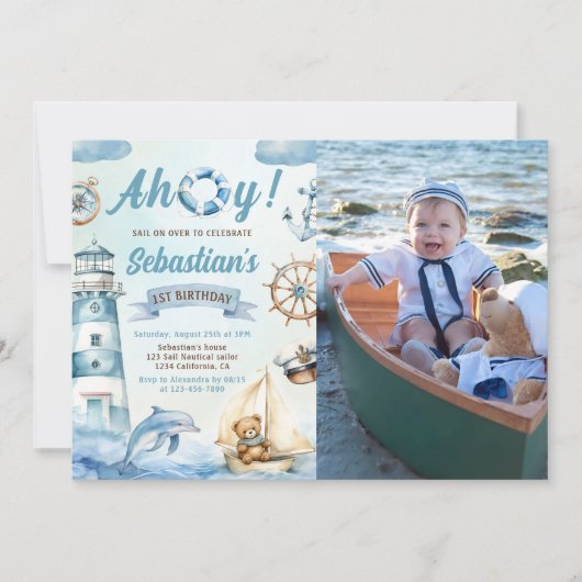 アホイ航海のセーラーボートブルーの誕生日の写真 招待状 (正面)