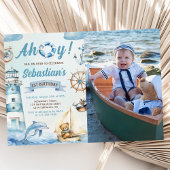 アホイ航海のセーラーボートブルーの誕生日の写真 招待状