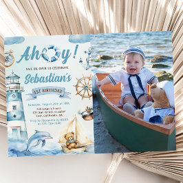 アホイ航海のセーラーボートブルーの誕生日の写真 招待状