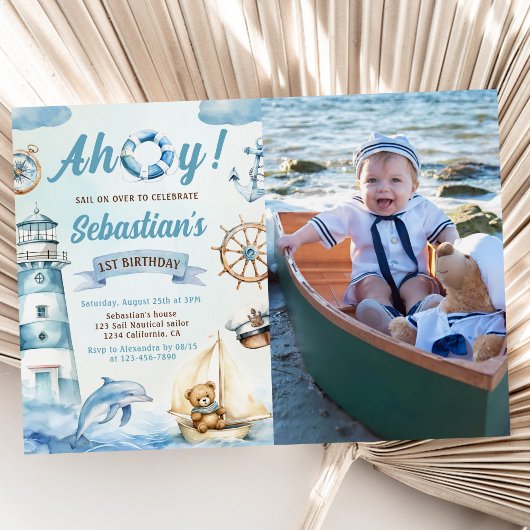 アホイ航海のセーラーボートブルーの誕生日の写真 招待状