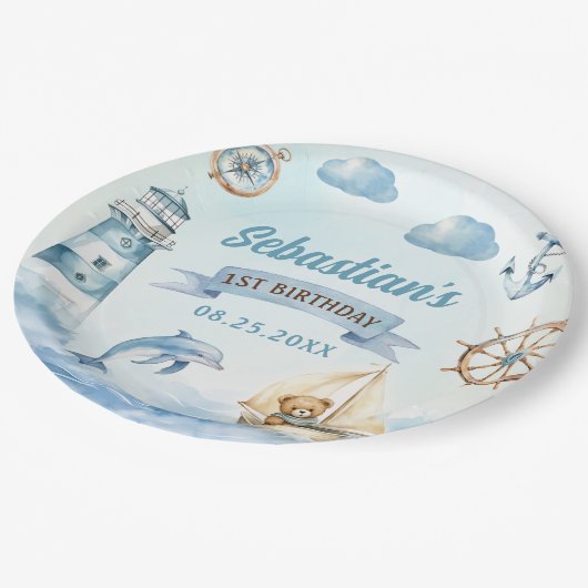 アホイ航海のセーラーボートブルー誕生日 ペーパープレート (アングル)