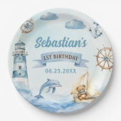アホイ航海のセーラーボートブルー誕生日 ペーパープレート (正面)