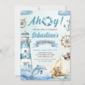 アホイ航海のセーラーボートブルー誕生日 招待状 (正面)