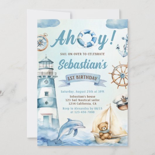 アホイ航海のセーラーボートブルー誕生日 招待状 (正面)
