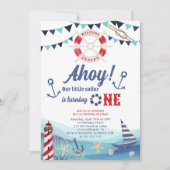 アホイ航海のセーラーボートブルー赤1歳 招待状 (正面)