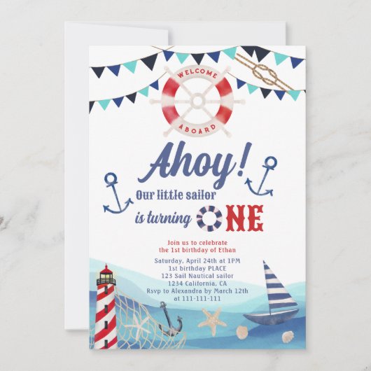 アホイ航海のセーラーボートブルー赤1歳 招待状 (正面)