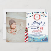 アホイ航海のセーラーボートブルー赤1歳 招待状 (正面)