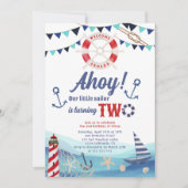 アホイ航海のセーラーボート青い赤の2番目の誕生日 招待状 (正面)